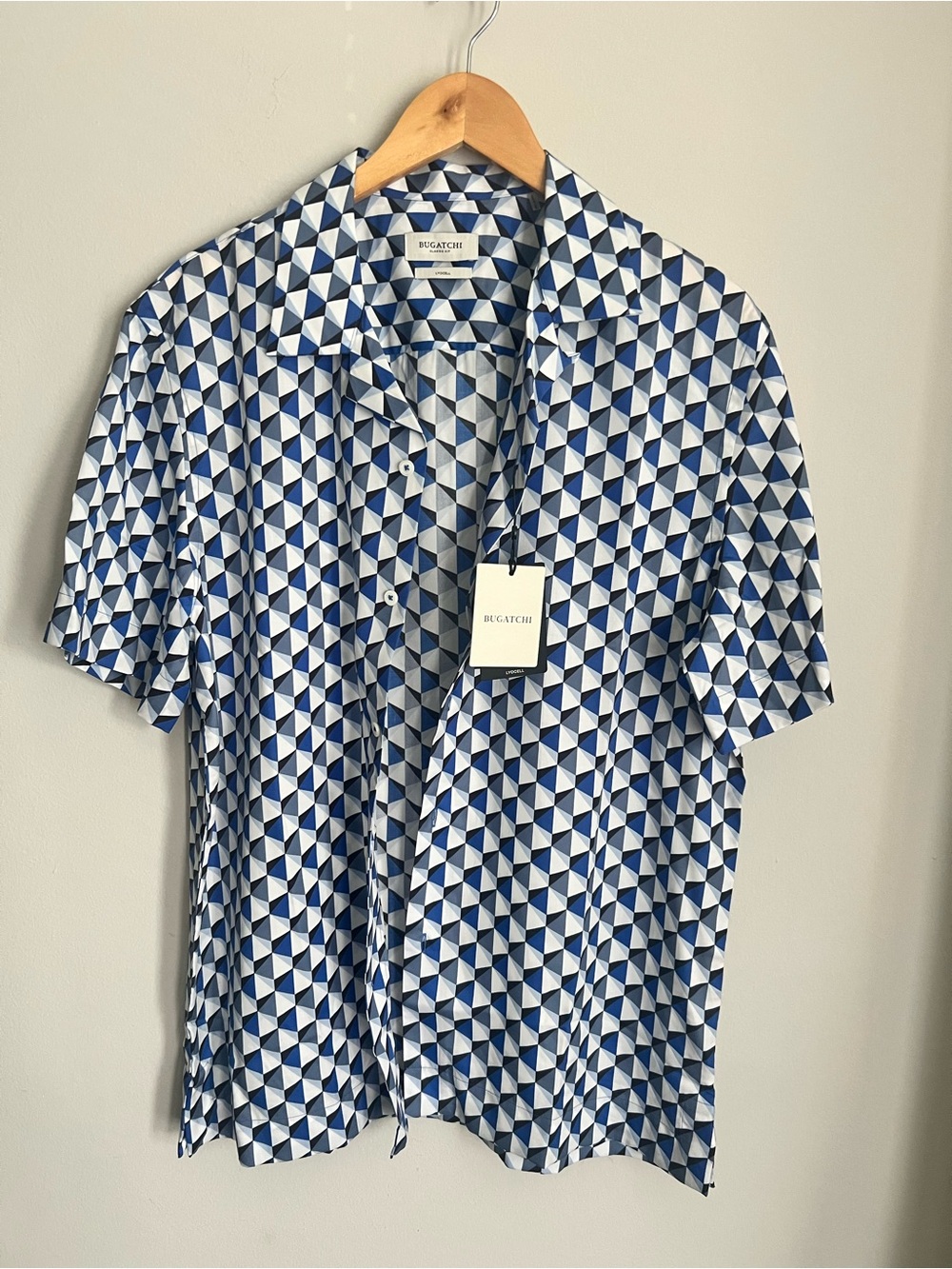 BUGATCHI Jackson Shaped Fit Geo Print Short Sleeve Button-Up Camp Shirt Size M
